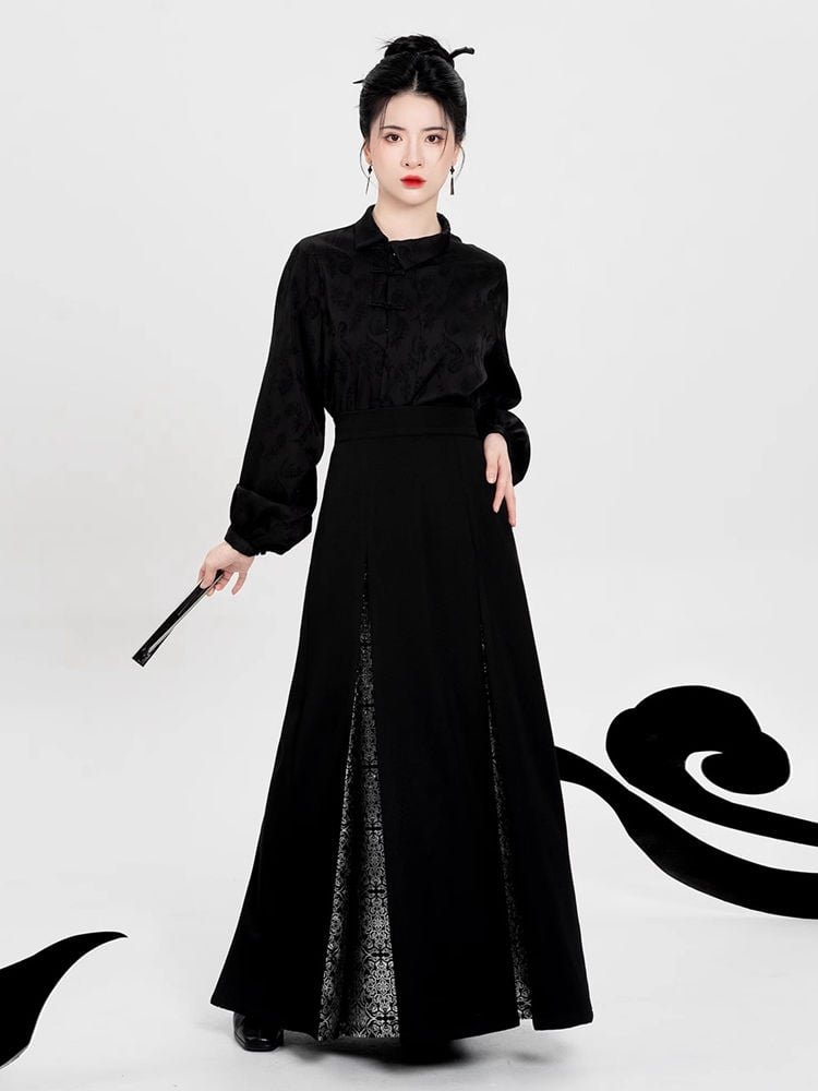 Modern Hanfu Black Skirt with Silver Brocade