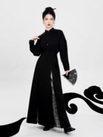 Modern Hanfu Black Skirt with Silver Brocade - Image 3