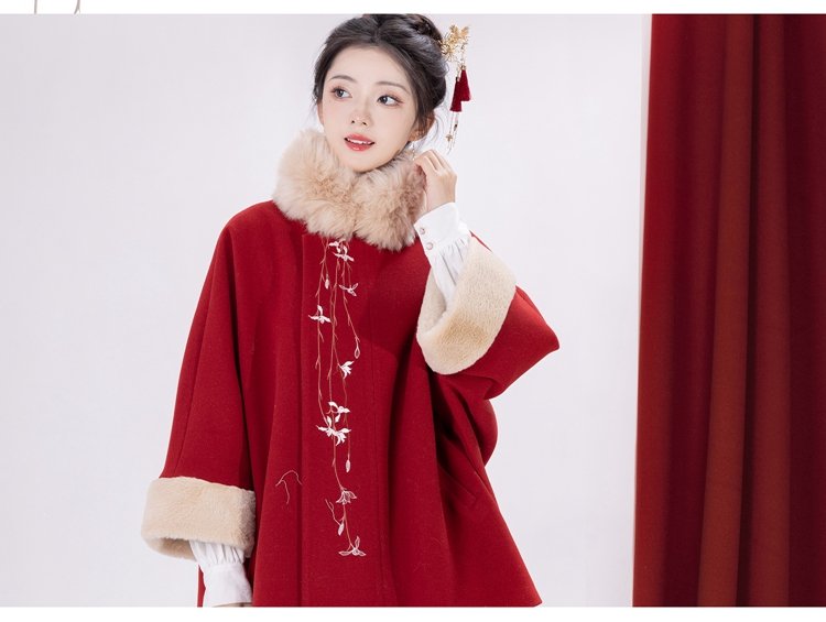 Red Coat Women Plush Hanfu Cloak Winter
