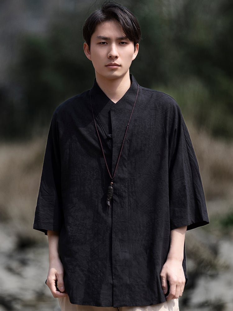 Retro Short Mens Linen Shirts Tang Suit Top