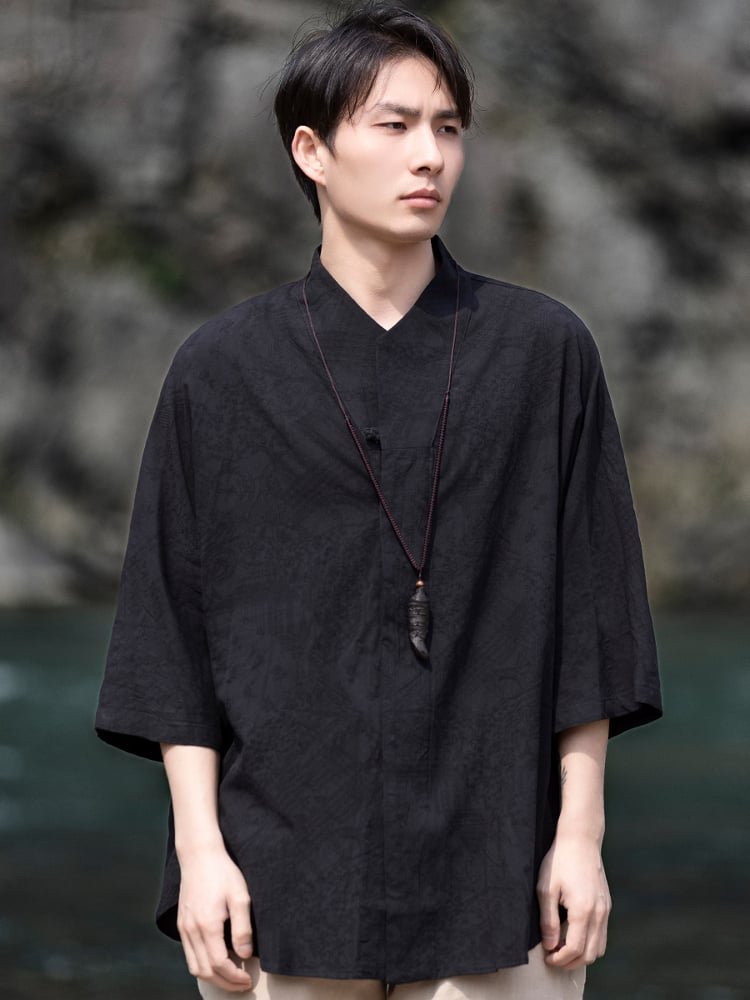 Retro Short Mens Linen Shirts Tang Suit Top
