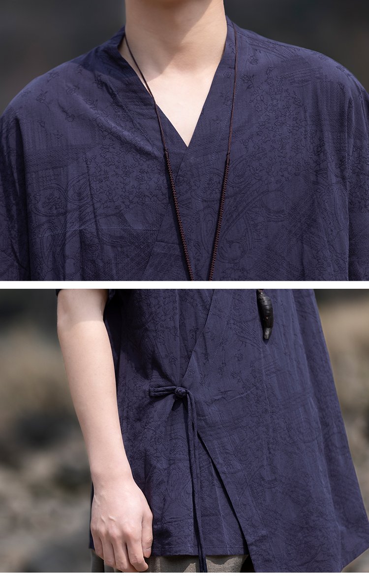 Retro V-Neck Linen Short Sleeve Shirt Men