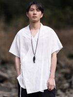 Retro V-Neck Linen Short Sleeve Shirt Men - Image 3