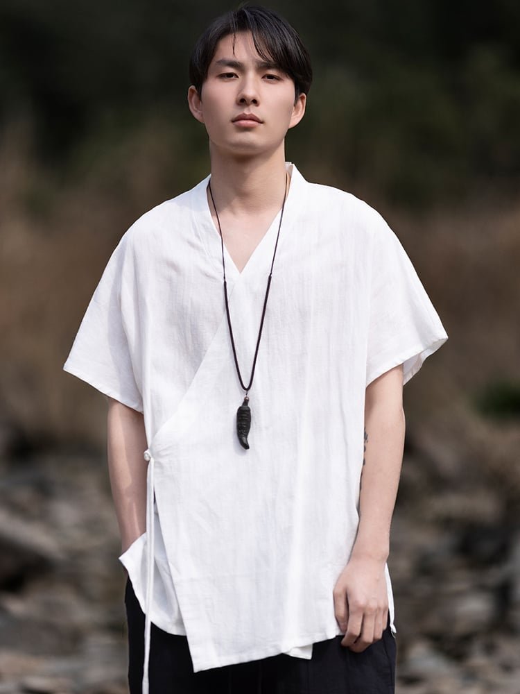 Retro V-Neck Linen Short Sleeve Shirt Men