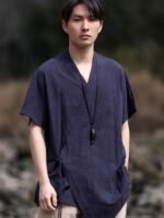 Retro V-Neck Linen Short Sleeve Shirt Men - Image 6