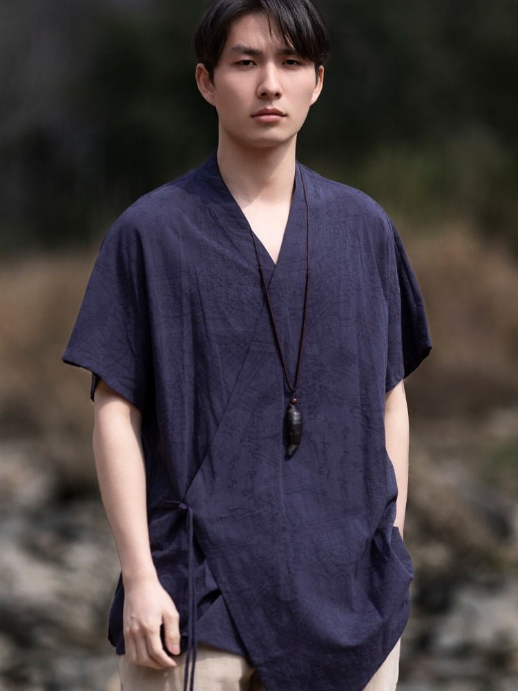 Retro V-Neck Linen Short Sleeve Shirt Men
