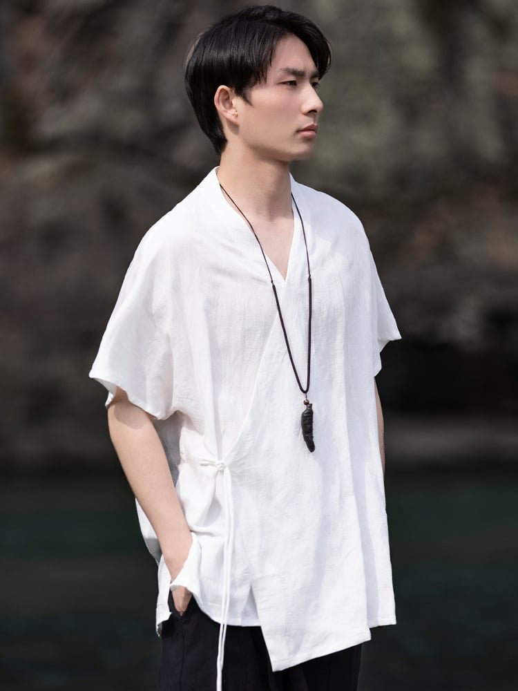 Retro V-Neck Linen Short Sleeve Shirt Men