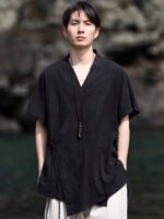 Retro V-Neck Linen Short Sleeve Shirt Men