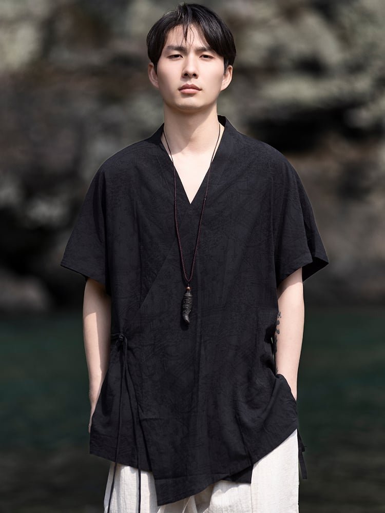 Retro V-Neck Linen Short Sleeve Shirt Men
