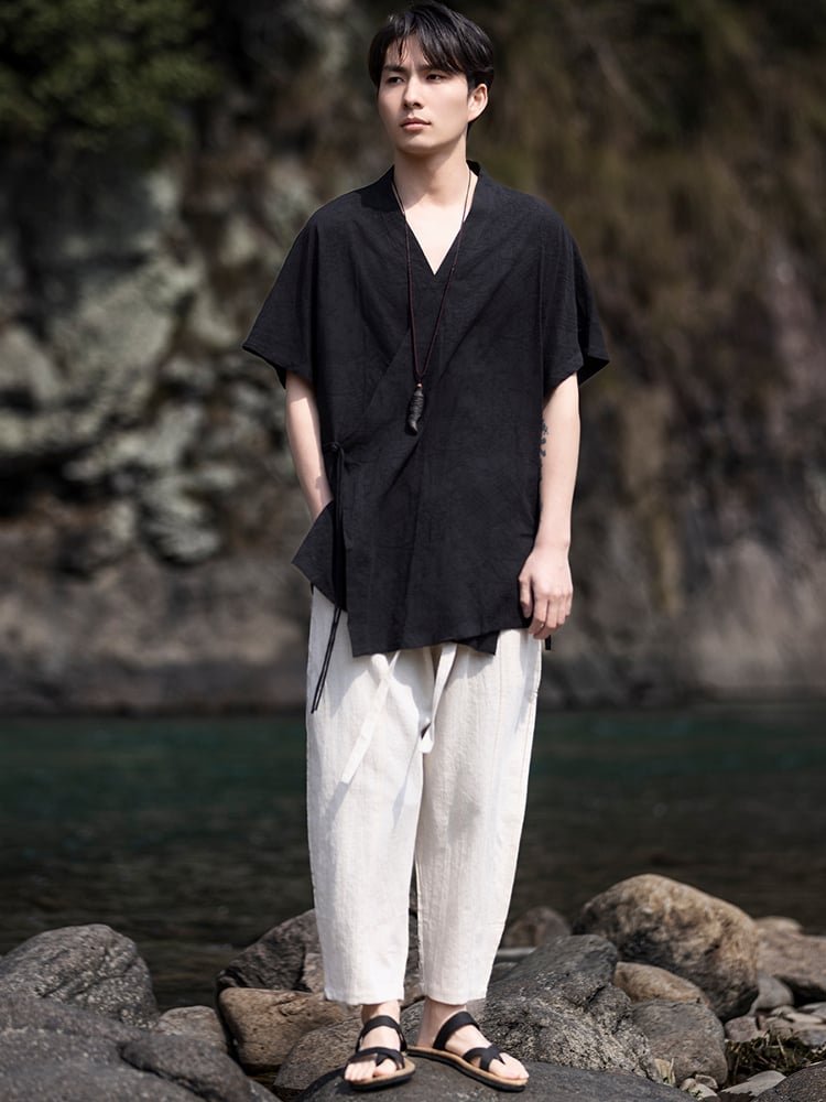 Retro V-Neck Linen Short Sleeve Shirt Men
