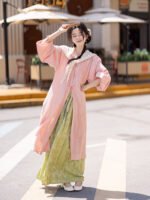 Spring Hanfu Dress Pink Long Shirt and Green Skirt - Image 3