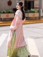 Spring Hanfu Dress Pink Long Shirt and Green Skirt - Image 5
