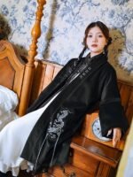 Traditional Embroidery Woolen Long Black Coat Women - Image 3