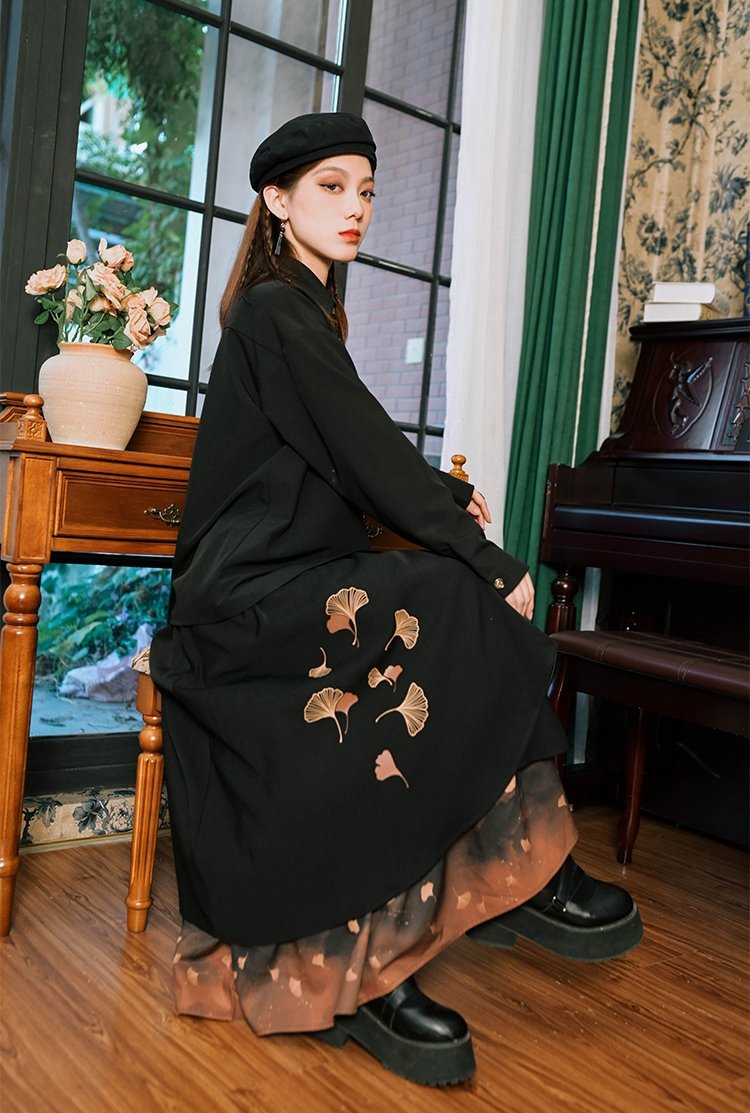 Vintage Black Fall Dress Chinese Modern Hanfu