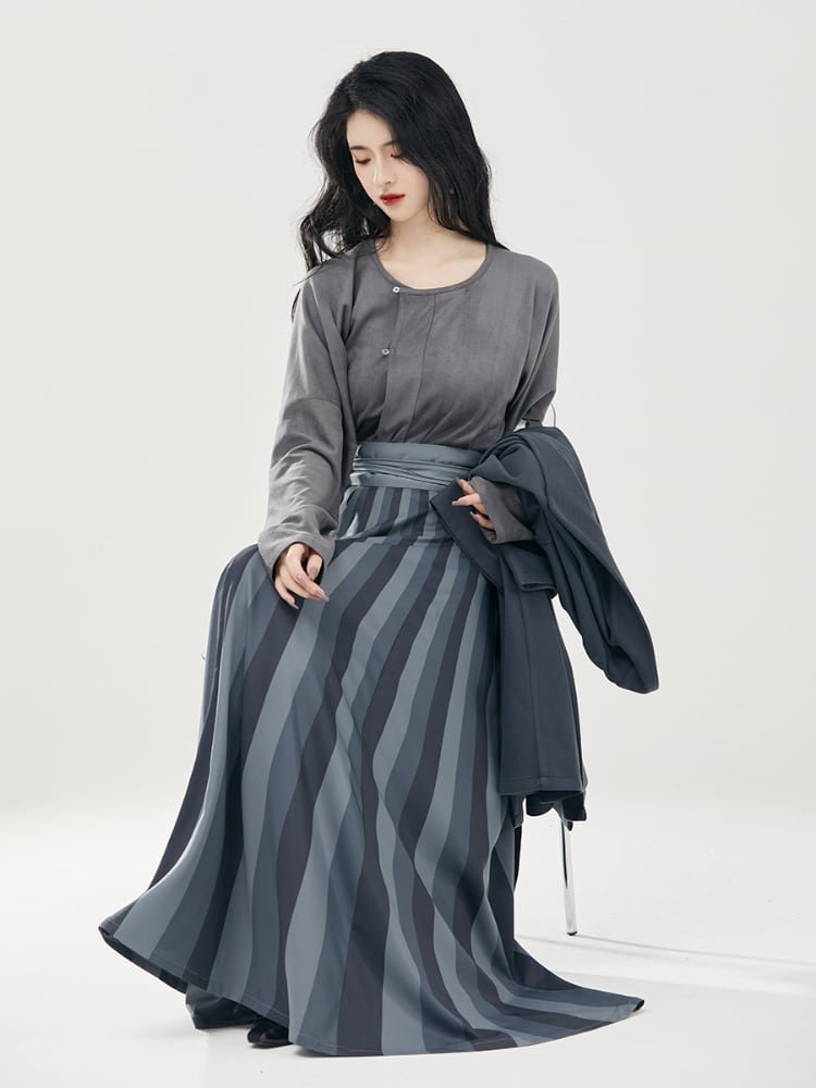 Women Long Coat Round Neck Shirt Striped Skirt Daily