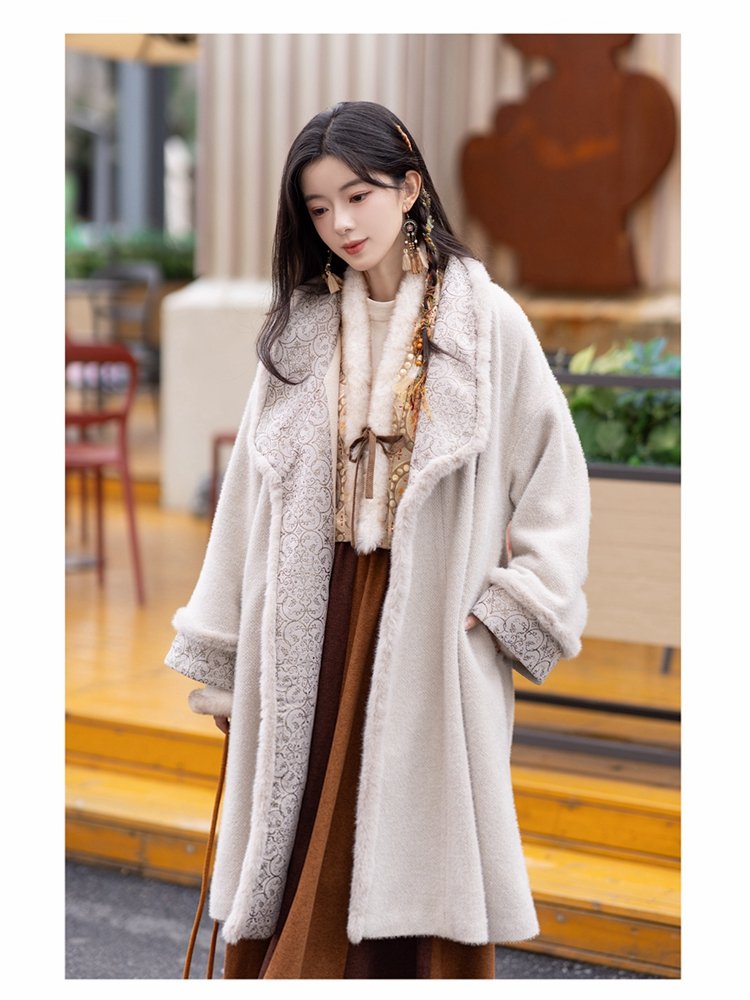 Side view of beige chenille coat with warm lining