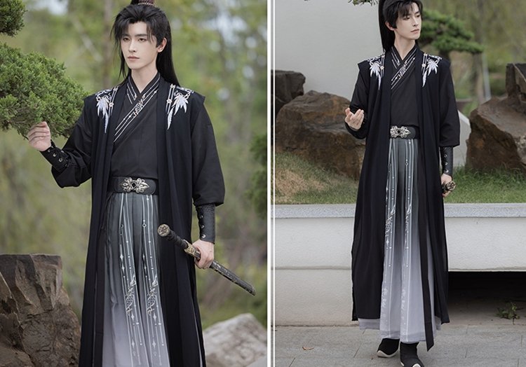 Flowing chiffon Hanfu robe for men in black, showing graceful movement.