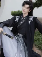Men’s Black Hanfu Robe with Embroidered Bamboo - Image 2