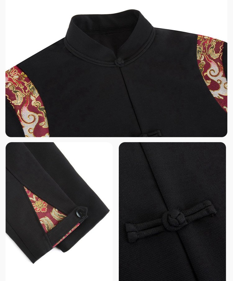 Close-up of red deer-pattern brocade on black Hanfu top