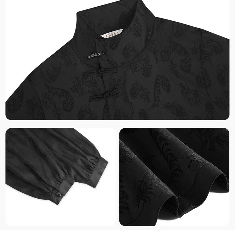 Close-up of collar and button design on black Hanfu-style shirt