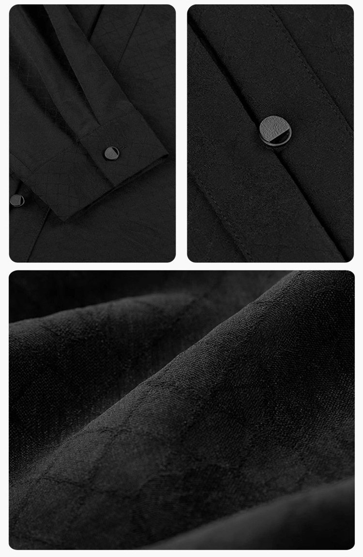 Close detail of fabric texture, buttons and craftsmanship of black Hanfu shirt