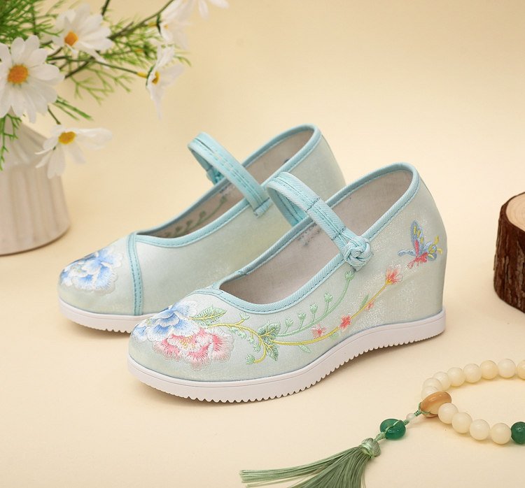 Blue embroidered Mary Jane shoes with hidden wedge