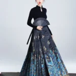 Blue Peacock Brocade Ma Mian Skirt Luxury Hanfu Skirt