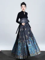 Blue Peacock Brocade Ma Mian Skirt Luxury Hanfu Skirt
