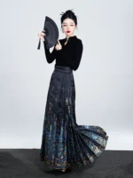 Blue Peacock Brocade Ma Mian Skirt Luxury Hanfu Skirt - Image 2
