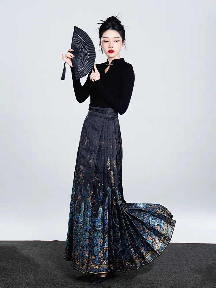 Side view of the blue peacock brocade Ma Mian skirt in motion