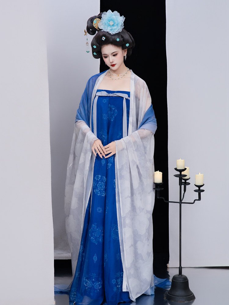 Front-facing view of a model wearing a blue Tang style ruqun with sheer white shawl.