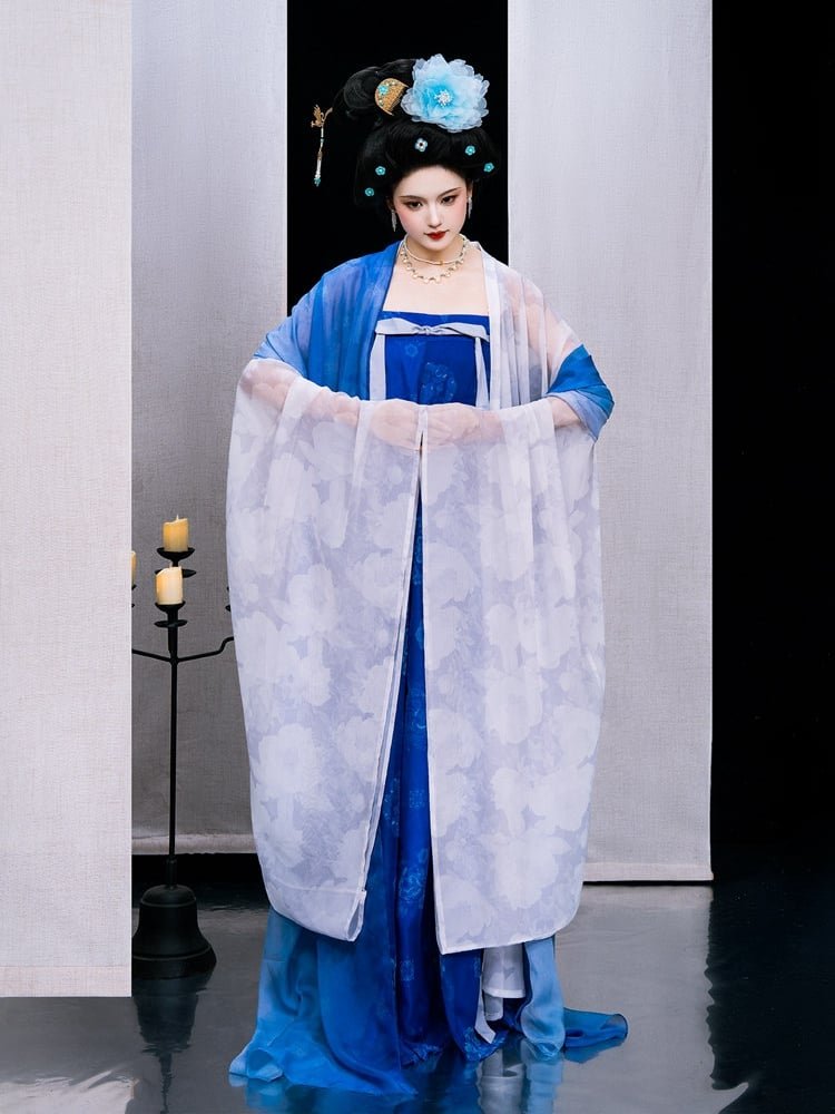 Blue ruqun Hanfu dress with long white shawl draped symmetrically.