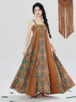 Boho Ethnic Dress Set Women – Printed Maxi Dress with Shawl Vacation Outfit - Image 2