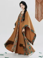 Boho Ethnic Dress Set Women – Printed Maxi Dress with Shawl Vacation Outfit