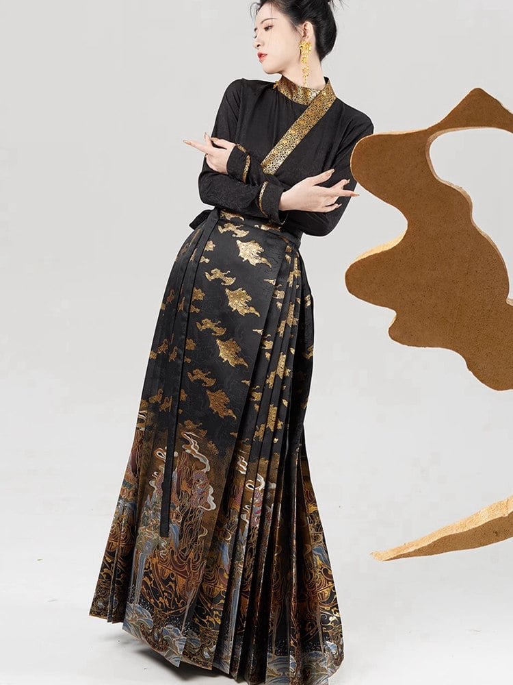 Black mamian skirt with bronze-gold jacquard depicting dragons, mountains, clouds, and ritual landscapes
