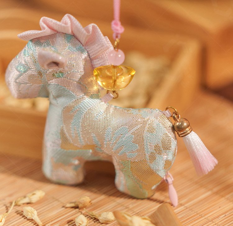 brocade horse chinese sachet hanging side view