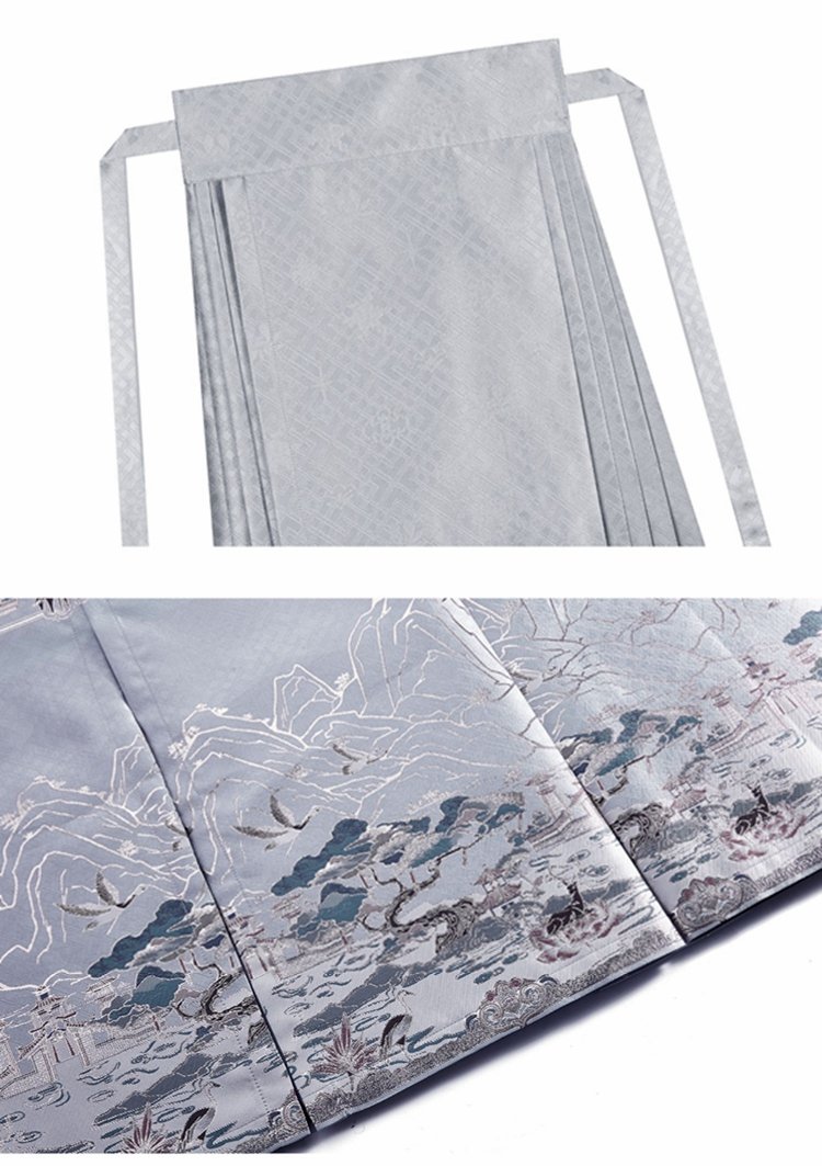 Hem detail of blue landscape brocade Ma Mian skirt