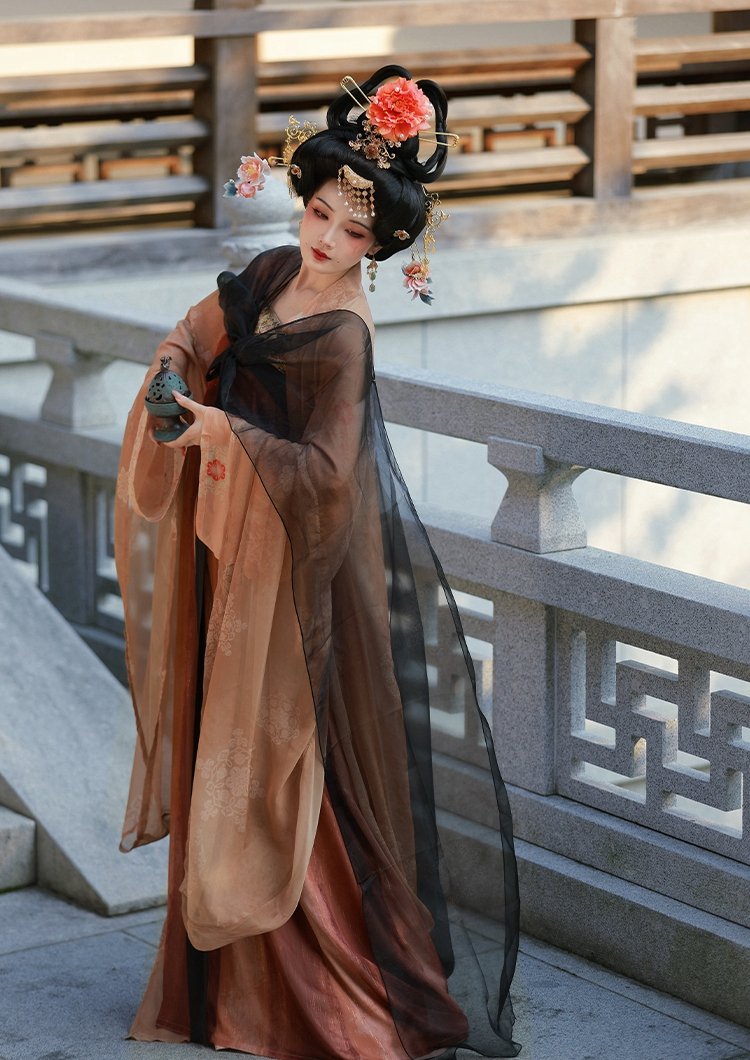 Warm brown ruqun Hanfu with embroidered waist belt and wide sleeves.
