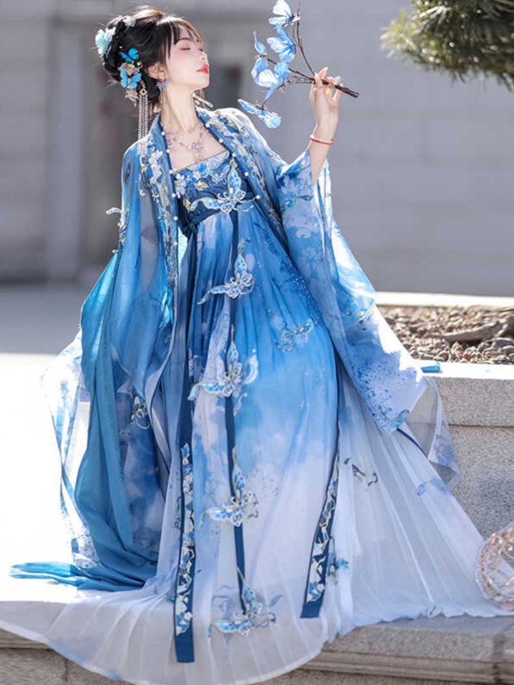 Full-length photo of butterfly embroidered Hanfu dress in blue chiffon fabric.