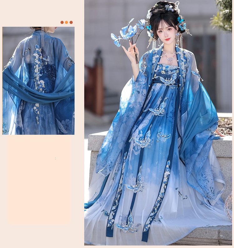 Detail shot showing the chiffon shawl and embroidered sleeves of the Hanfu dress.