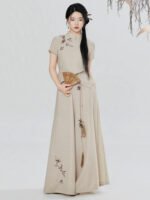 Modern Hanfu Pants Set Women – Embroidered Linen Feel Top & Wide Leg Trousers - Image 4