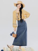 New Chinese Style Outfit Women – Embroidered Top & Denim Skirt - Image 5