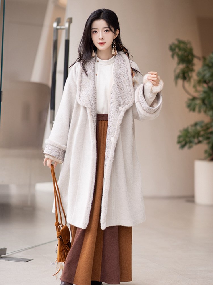 Open front beige coat styled over Hanfu dress