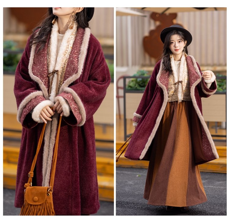 Model walking in red Tang-style coat