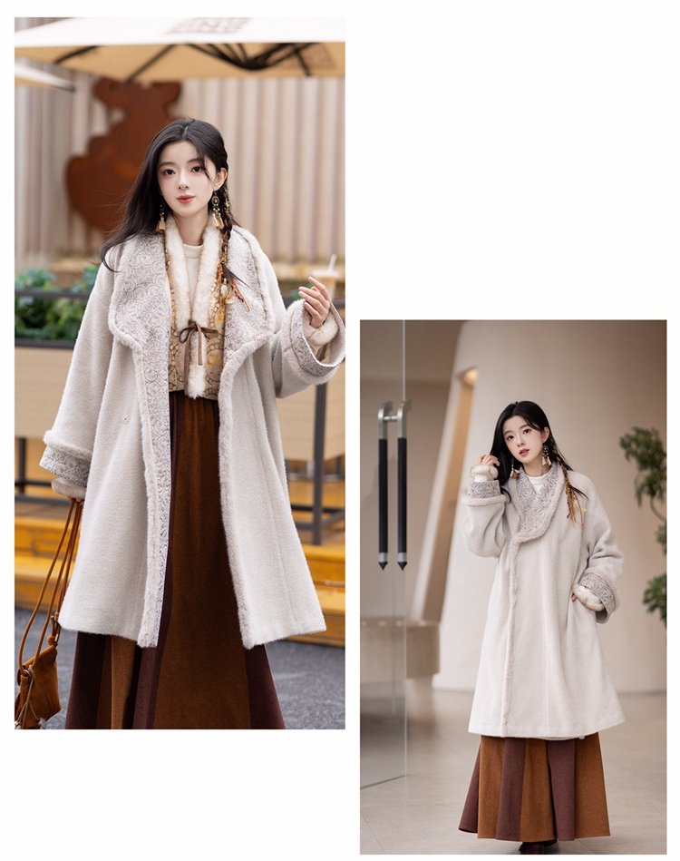 Two views of a woman wearing a beige chenille winter coat with faux fur trim
