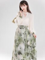 Han Element Standing Collar Shirt With Hanfu Pleated Skirt