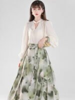 Han Element Standing Collar Shirt With Hanfu Pleated Skirt - Image 3
