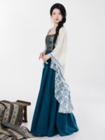 Chinese Modern Clothes Blue Printed Shawl Strap Dress Set (2-Piece) - Image 4