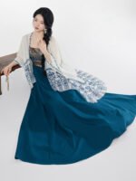 Chinese Modern Clothes Blue Printed Shawl Strap Dress Set (2-Piece) - Image 3