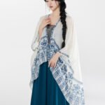 Chinese Modern Clothes Blue Printed Shawl Strap Dress Set (2-Piece)